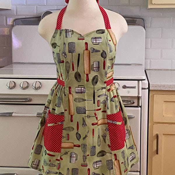 Tablier rétro grande taille avec décolleté en cœur - Ustensiles de pâtisserie verts - Tablier complet BETTY