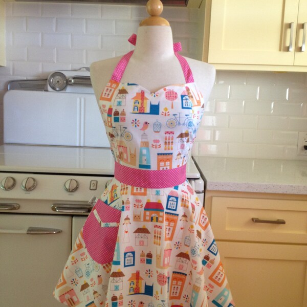 Retro Apron Vintage Style Sweetheart Neckline Birds Bicycles and Houses Full Apron BELLA