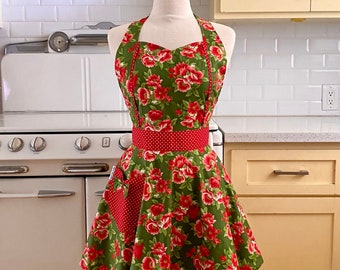 The MAGGIE - Christmas Holiday Floral - Retro Inspired Full Apron