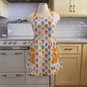 Retro Apron Plus Size Sweetheart Neckline - Birthday Cupcakes on White - BETTY