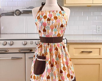 Vintage Inspired Retro Apron - Ice Cream Cones on White- CHLOE