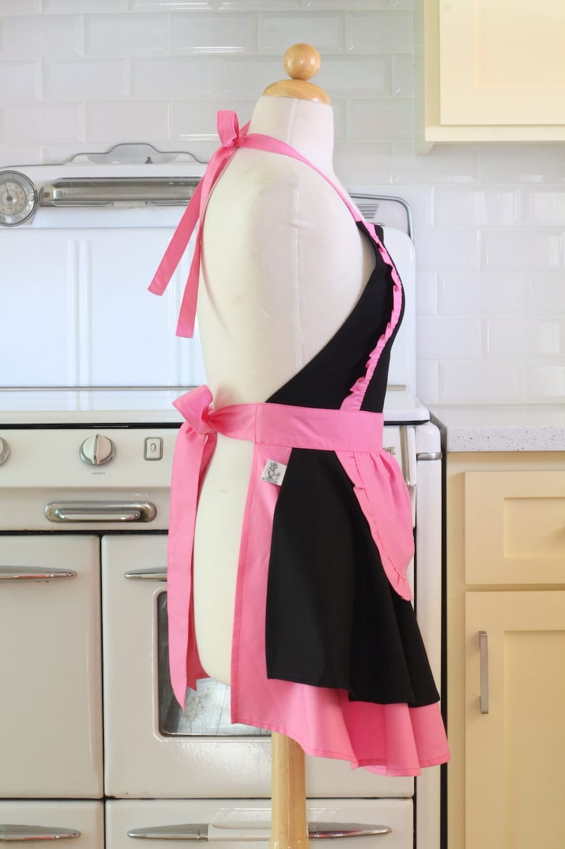 Apron French Maid Solid Black with Hot Pink Double Circle Skirt Retro Full Apron image 2