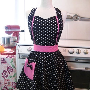 Retro Apron Sweetheart Neckline Black and White Polka Dot with HOT PINK Full Apron MAGGIE