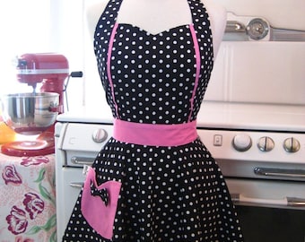 Retro Apron Sweetheart Neckline Black and White Polka Dot with HOT PINK Full Apron MAGGIE