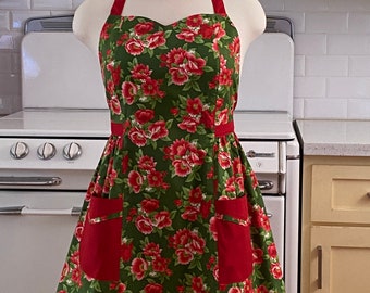 Retro Apron Plus Size - Christmas Holiday Floral - BETTY Sweetheart Neckline