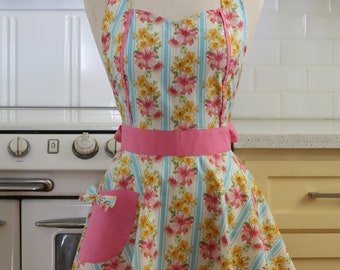 Retro Apron Stripe Floral with Blue and Pink MAGGIE