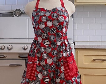 Retro Apron Plus Size - Christmas Bulbs, Ornaments on Red - BETTY Sweetheart Neckline