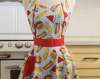 Retro Apron Summer Barbecue on Blue Check - MAGGIE