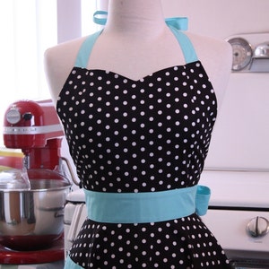 The BELLA Vintage Inspired Black and White Polka Dot with AQUA Full Apron image 2