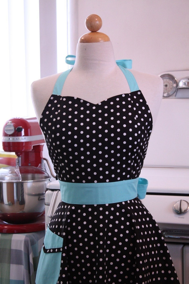 The BELLA Vintage Inspired Black and White Polka Dot with AQUA Full Apron image 2