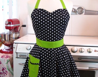 Retro Full Apron Sweetheart Neckline Black and White Polka Dot with Lime Green BELLA