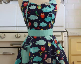 Retro Apron Colorful Owls on Navy - MAGGIE