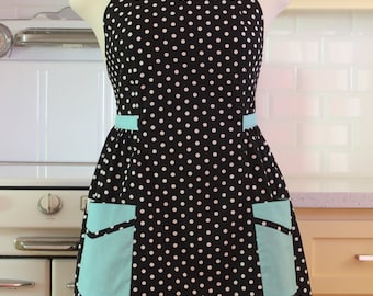 Retro Plus Size Apron Black Polka Dot with Aqua