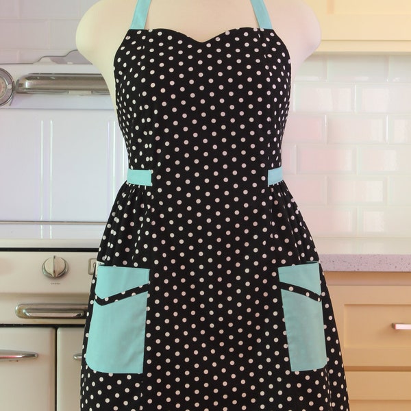 Retro Plus Size Apron Black Polka Dot with Aqua