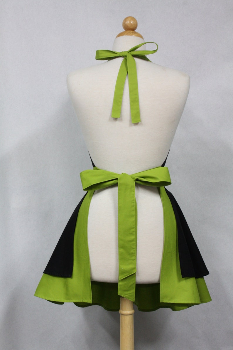 Apron French Maid Solid Black with Lime Green Double Circle Skirt Retro Full Apron image 3