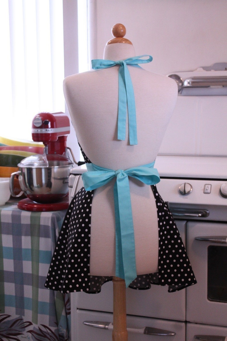 The BELLA Vintage Inspired Black and White Polka Dot with AQUA Full Apron image 4