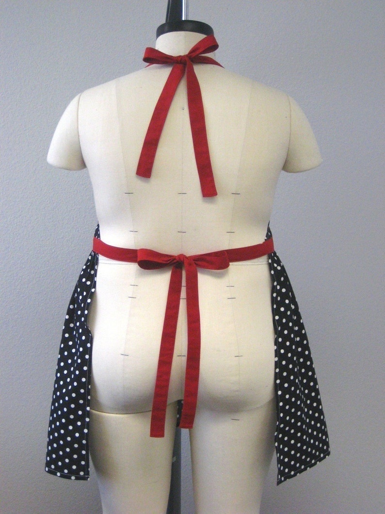 Retro Apron Plus Size Sweetheart Neckline Black and White Polka Dot with Red BETTY image 4