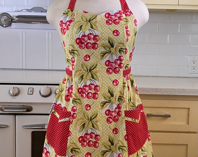 Retro Apron Plus Size Sweetheart Neckline Cherries On Green Betty Etsy