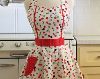 The MAGGIE Vintage Inspired Cherries on White Full Apron