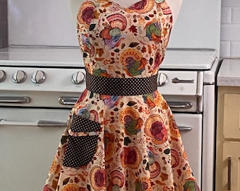 Retro Full Apron - Sweetheart Neckline - Turkey Thanksgiving Holiday - BELLA