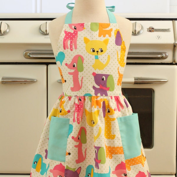 Vintage Inspired Dream Pets Cats & Dogs with Aqua Full Apron for Little Girls