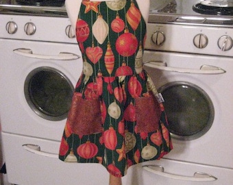 Vintage Inspired Christmas Ornaments on Green Full Apron for Little Girls