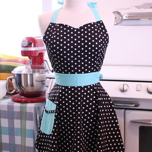 The BELLA Vintage Inspired Black and White Polka Dot with AQUA Full Apron