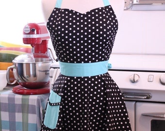 The BELLA Vintage Inspired Black and White Polka Dot with AQUA Full Apron