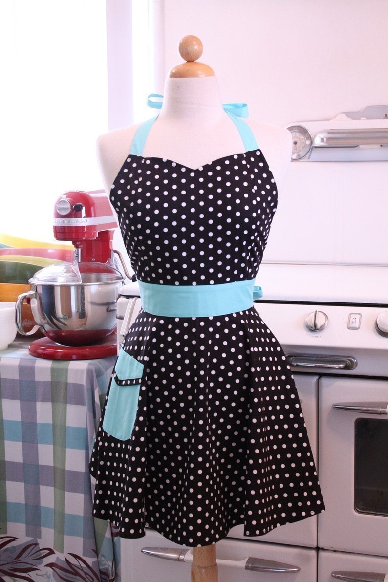 The BELLA Vintage Inspired Black and White Polka Dot with AQUA Full Apron image 1