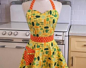 Retro Sweetheart Apron - Carrots, Veggies on Yellow - BELLA