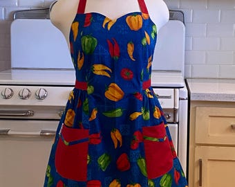 Retro Apron Plus Size Sweetheart Neckline - Colorful Chili Peppers on Blue - BETTY