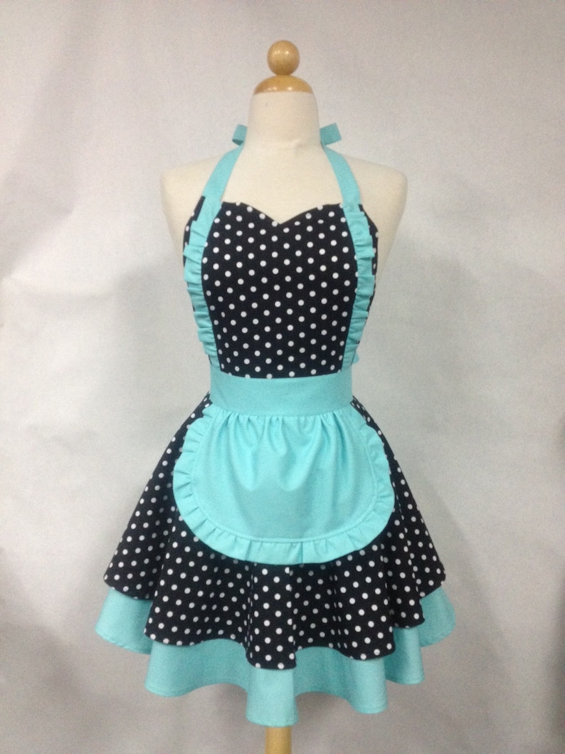 French Maid Apron Polka Dot With Aqua Retro Full Apron Etsy