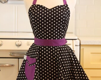 Retro Apron Polka Dot Black White Purple BELLA Full Apron