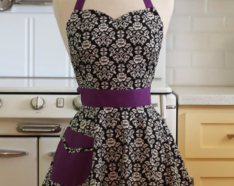 The BELLA Vintage Inspired Black and White Floral Damask with Purple Full Apron