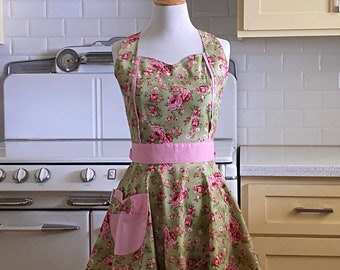 The MAGGIE - Pink Floral on Green - Vintage Inspired Full Apron