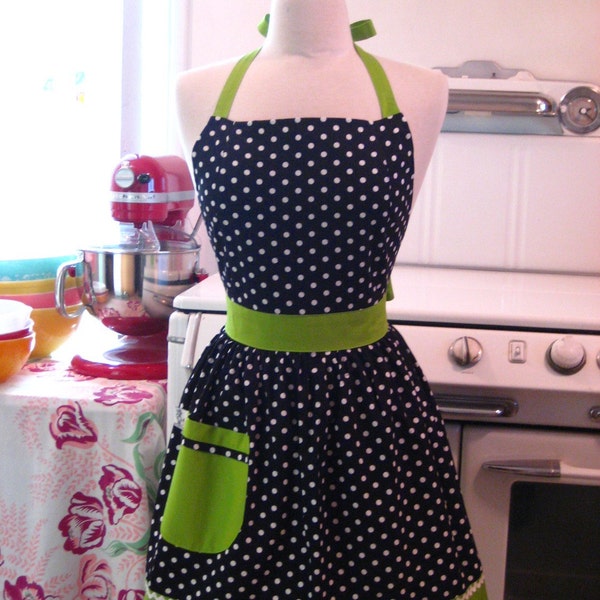 Retro Polka Dot Delantal blanco y negro con delantales completo verde lima CHLOE