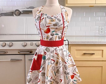 Retro Apron - Cooking & Baking Utensils on White - MAGGIE