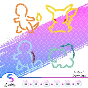 Pokemon contorno svg, pokemon contorno png, charmander, pikachu, squirtle, bulbasaur, regalo de pokemon, decoración de pared de pokemon, regalo de cumpleaños
