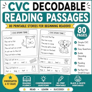 May include: Educational resource titled CVC Decodable Reading Passages featuring 80 printable stories for beginning readers. The document includes black and white worksheets with short stories about a rat and a pup, comprehension questions, and illustrations.