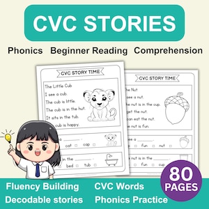 80 CVC Reading passages for beginners | Homeschool reading material | Reading sheets for beginners | Short stories for young readers.