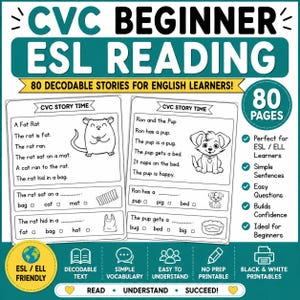 ESL Reading Passages for Beginners | 80 Decodable CVC Stories | English Phonics Worksheets | ELL Reading Comprehension