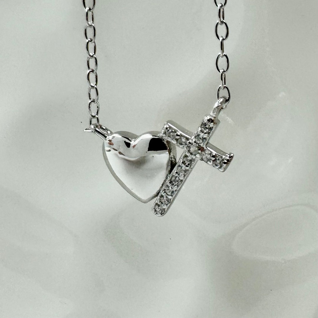 Cross And Heart Necklace, Sterling Silver