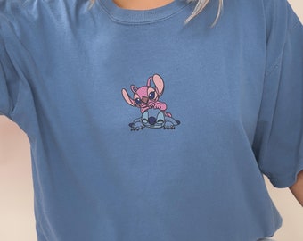 Embroidered Stitch And Angel Shirt, Disneyland Shirt, Disney Love Shirt, Best Couple Gift, Couple Shirt, Honeymoon Shirt, Comfort Colors Tee