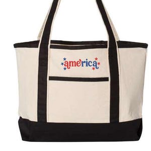 Embroidered America Deluxe Canvas Tote Bag, USA Bag, Patriotic Bag, Gift for America Lovers Bag, America with Stars Bag