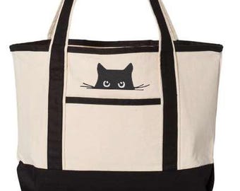 Embroidered Black Cat Tote Bag, Black Cat Design Bag, Cat Lover Bag, Black Cat Art Bag, Elegant Black Cat Bag