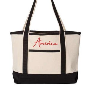 Embroidered America Deluxe Canvas Tote Bag, USA Bag, Patriotic Bag, Gift for America Lovers Bag, America with Stars Bag