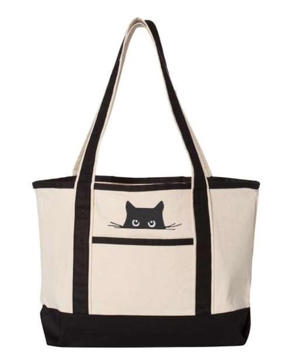 Embroidered Black Cat Tote Bag, Black Cat Design Bag, Cat Lover Bag, Black Cat Art Bag, Elegant Black Cat Bag