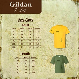 May include: Image of a Gildan T-shirt size chart for adult and youth sizes. The chart includes measurements for width, length, and sleeve length in inches. Two t-shirts, one yellow and one green, are shown to illustrate the measurements.