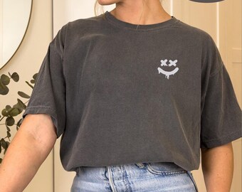 Embroidered X Smile Shirt, Happy Face Tee, Smile Shirt, Happy T-Shirt, Embroidered Tee, Motivational Shirt, Retro Happy Face Shirt