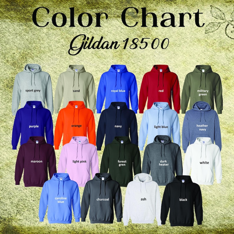 May include: Color chart of Gildan 18500 hoodies in various colors, including sport grey, royal blue, red, and black. The image displays a range of options, such as purple, orange, navy, and light pink. The text "Color Chart" and "Gildan 18500" are at the top.